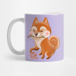 Shiba inu playing with wood stick Mug